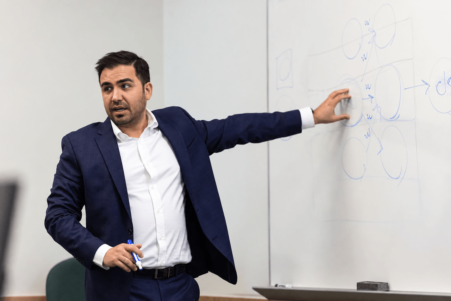 Majid explaining a concept at the whiteboard during a workshop